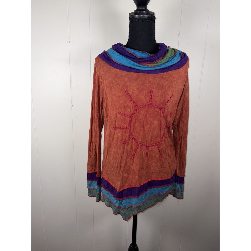 Greater Good Patchwork Top M Multicolor Long Sleeve Hippie Boho Indie Eclectic